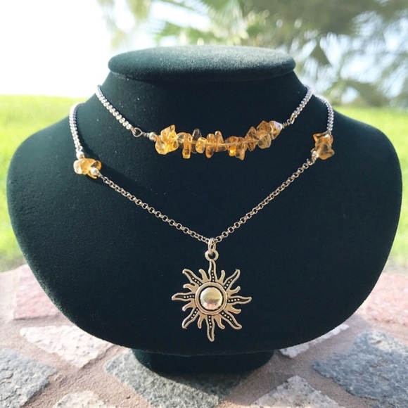 Citrine sun necklace . citrine gems chips double layer necklace silver sun charm - Picture 8 of 9